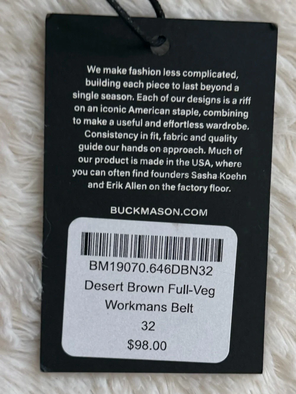 Buck Mason Full-Veg Workmans Belt 32 NWT